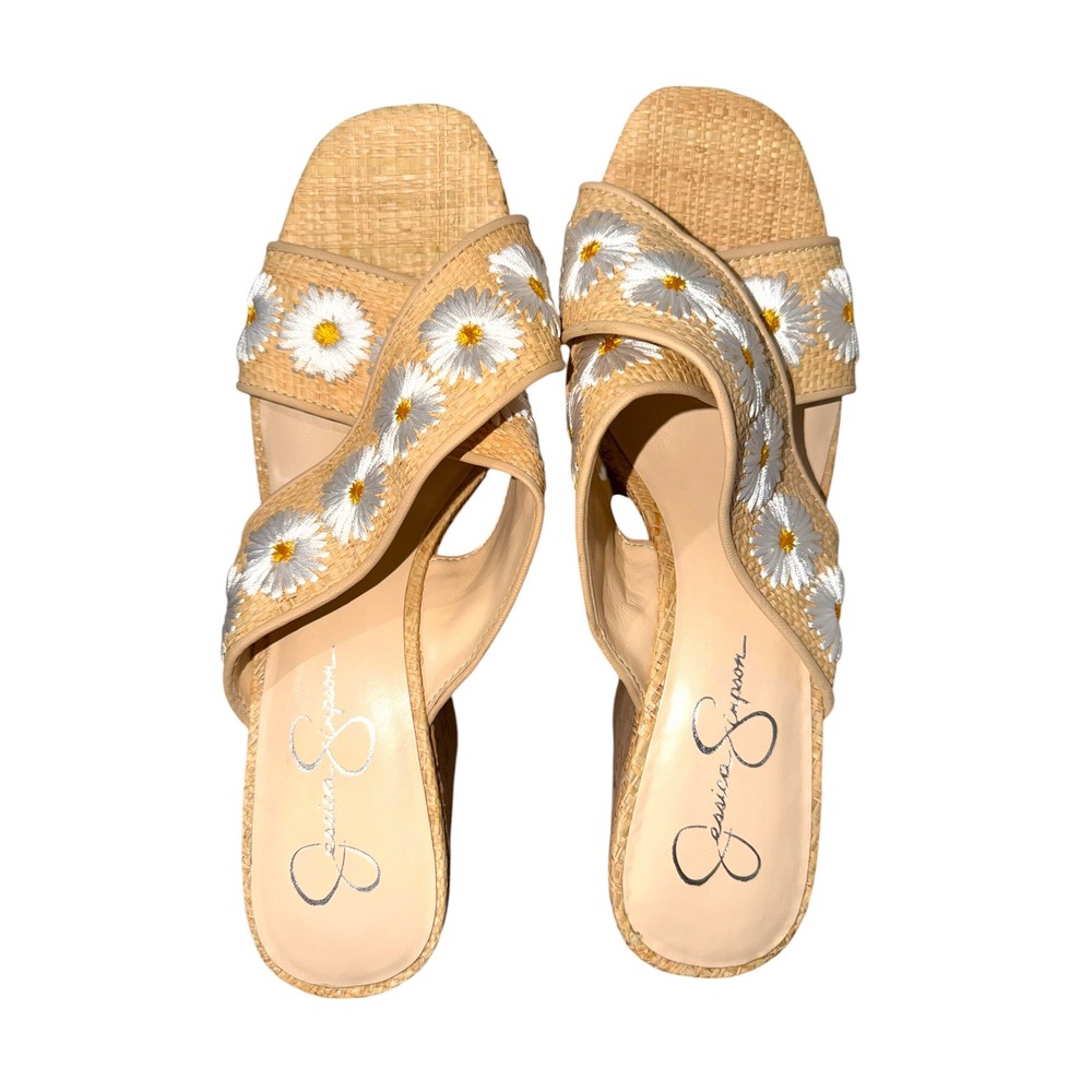 Jessica Simpson Daisy Embroidered Cork Wedge Sandals Tan White 10M EU 42